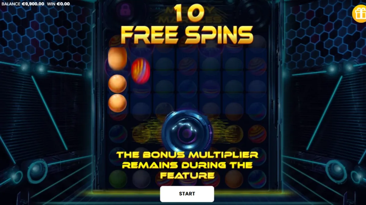 Tampilan visual slot Mighty Marbles dengan tema kosmik dan kelereng neon.