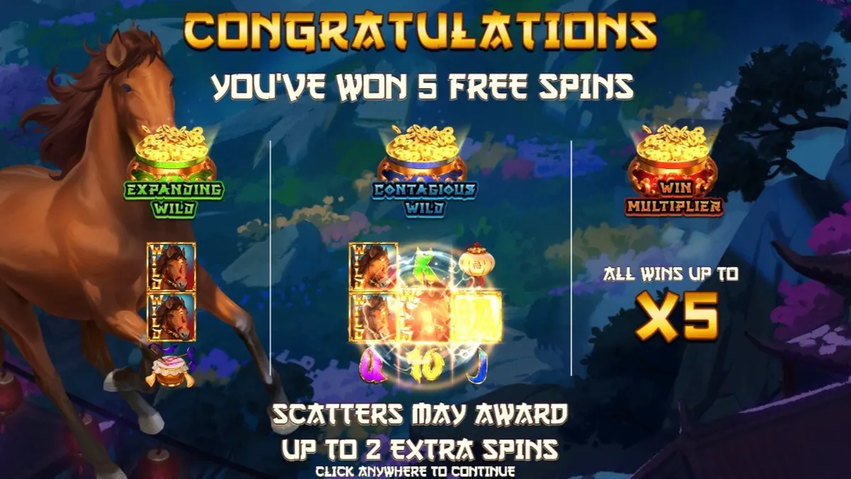 Tampilan visual slot 3 Wonders Luck of Stallion dengan tema Tahun Baru Imlek dan kuda yang megah