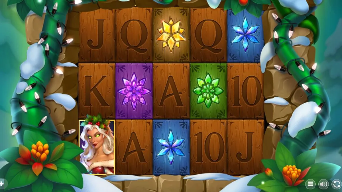 Tampilan visual slot Holly dengan tema hutan musim dingin yang estetik