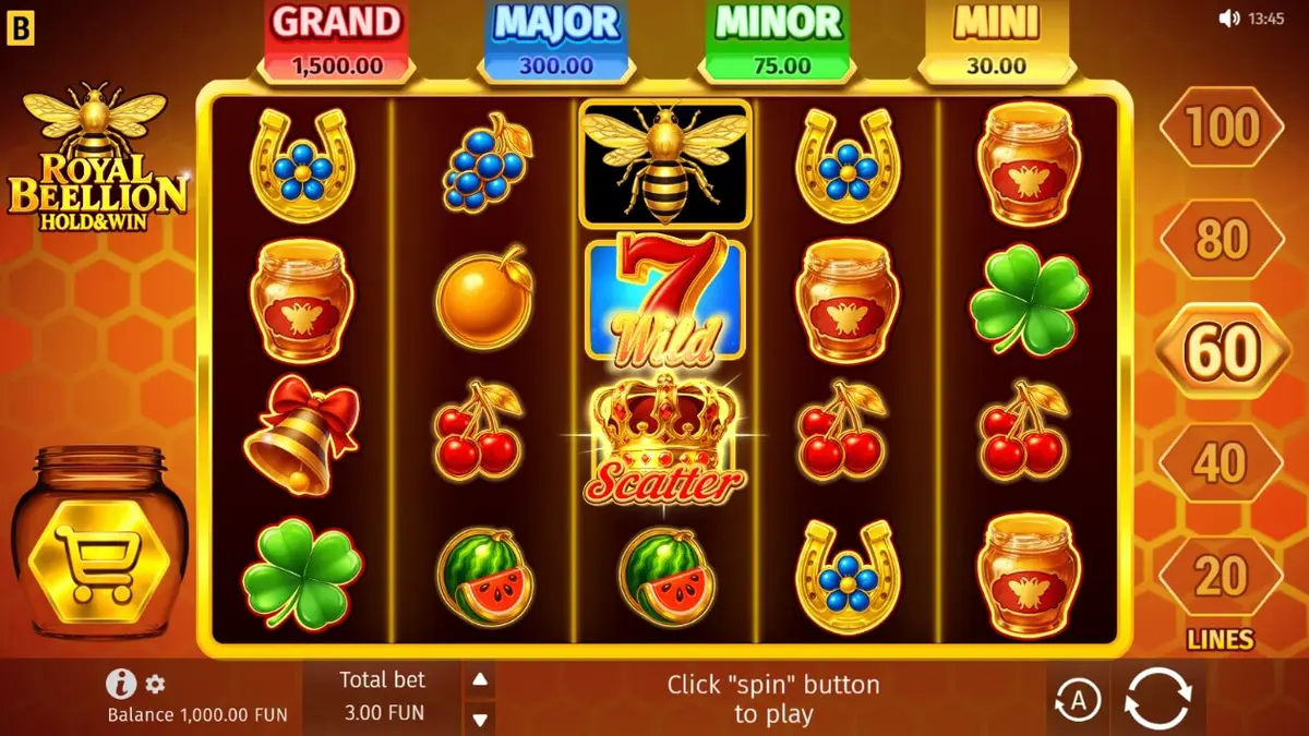 Tampilan visual Royal Beellion Hold & Win dengan tema lebah dan madu